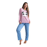 Conjunto Pijama Estampado Panda Inverno Manga