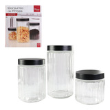 Conjunto Potes Vidro Tampa Inox 3 Peças Porta Mantimentos
