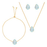 Conjunto Pulseira Brinco E Colar Azul Clarinho Folheado Ouro