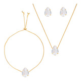 Conjunto Pulseira Brinco E Colar Gota Cristal Folheado Ouro