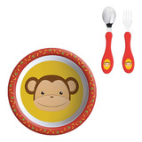 Conjunto Refeição Infantil Tigela Bowl Talheres 3 Peças Cor Macaco Vermelho