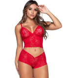 Conjunto Renda Calcinha Sutiã Top Cropped Caleçon Íntima 087