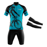 Conjunto Roupa Ciclista Bermuda E Camisa Bike Azul Uv+50