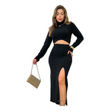 Conjunto Saia Midi E Cropped Manga Longa Gola Alta Casual