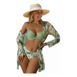 Conjunto Saída De Praia Quimono Feminino + Biquíni Florido