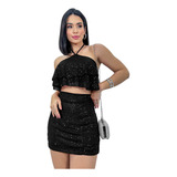 Conjunto Short Saia Cropped Frente Unica Babado Brilho Festa
