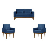 Conjunto Sofá Living Valência 2 Lug. + 2 Poltronas - Veludo Cor Azul Desenho Do Tecido Liso