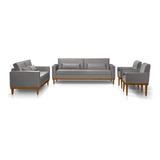 Conjunto Sofá Living Valência 3/2 + 2 Poltronas - Veludo Cor Cinza