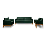 Conjunto Sofá Living Valência 3/2 + 2 Poltronas - Veludo Cor Verde