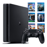 Console Playstation 4 Slim 1tb Standard Sony Cor Preto 1 Controle + 2 Jogos + Quadro Decorativo