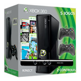 Console Xbox 360 Slim Com 2 Controles Com Kinect + 5 Jogos