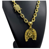 Cordão 14mm Cadeado Banhado Ouro 18k +ping Cavalo Ferradura