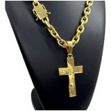 Cordão 14mm Cadeado Banhado Ouro + Ping Cruz Face De Cristo