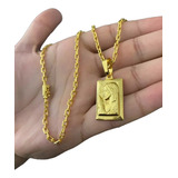 Cordão Cadeado 3mm + Pingente Jesus 3d Placa Banhado A Ouro