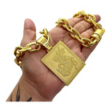 Cordão Cadeado Grosso 18mm Banhado Ouro + Pingente São Jorge