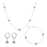 Cordão Chocker + Pulseira + Brinco Strass Rosa A Prata 925
