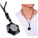 Cordão Colar Hexagrama Com Pingente Negro Obsidian Stone