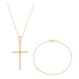 Cordão Corrente Masculina 60cm 2mm Pulseira 21cm 2mm Com Cruz Tudo Banhada Ouro
