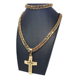 Cordão E Pulseira Grossa + Pingente Cruz Folheado Ouro 18k