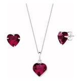 Cordão Feminino Prata 925 Conjunto Brincos Pingente Coração Cor Vermelho