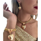 Cordão + Pulseira Elo Duplo + Brinco Pingente Coração