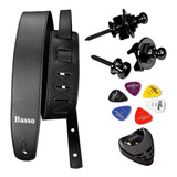 Correia Guitarra Violão Baixo Basso Alça Vintage Preto + Kit