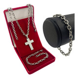 Corrente Cordão Masculino De Aço Prata E Pulseira + Ping Top