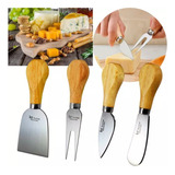 Cortar Queijo Inox Cabo Madeira Garfo Faca Espátula Kit