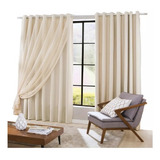 Cortina 2,30x4,00 Voil Com Forro Blackout Tecido Corta Luz Cor Palha