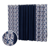 Cortina Floratta 3,00 X 2,20m Sala Quarto Estampada Floral Cor Marinho