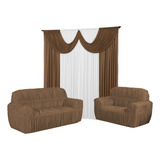 Cortina Sala 3 Metros + Kit Capas Sofá 3 E 2 Lugares Malha