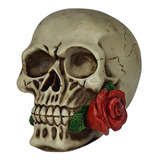 Crânio Caveira Com Rosa Na Boca Vermelha Resina Decorativo