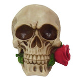 Crânio Caveira Decoração Enfeite Estátua Rosa Na Boca Resina