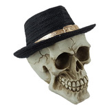 Crânio Caveira Skull Chapéu Preto De Palha Decorativo Resina