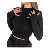 Cropped Blusa Feminino Manga Longa Em Modal Detalhe Trança
