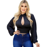 Cropped Blusinha Manga Bufante Decote Gota Laço Lançamento