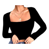 Cropped Feminino Moda Manga Longa Decote Quadrado Até Gg