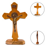 Crucifixo Jesus Em Metal E Madeira Cruz + Medalha São Bento