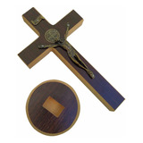 Crucifixo Madeira Mesa 20cm São Bento Medalha Cruz Sagrada