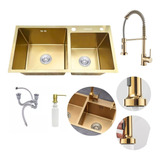 Cuba Pia Gourmet Dupla Cozinha Aço Inox Com Torneira Flexivel Gourmet Dourado Brinovar