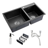Cuba Pia Gourmet Dupla Preta Cozinha Aço Inox C/ Acessórios 