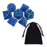 Dados Rpg Conjunto Com Sete - Runas Preta C/n° Azul