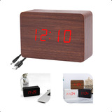 Despertador Digital Mesa Led Calendário 3 Alarmes Madeira