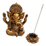 Deus Ganesha Com Incensário Flor De Lótus Sorte Em Resina