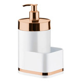 Dispenser Detergente Suporte Cozinha Pia Porta Esponja Bucha Cor Branco C/ Aço Rose Gold