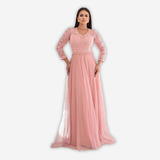 Ef Vestido Festa Manga Longa 3/4 Renda Tule Brilho Casamento