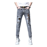 Embroidered Jeans For Men/elastic Slim Fit