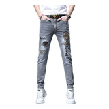 Embroidered Jeans For Men/elastic Slim Fit