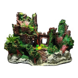Enfeite Aquário Castelo Ruína Grande Com Plantas 33cm