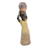 Enfeite Estátua Africana Com Vaso Na Cabeça 25x7x8cm Resina